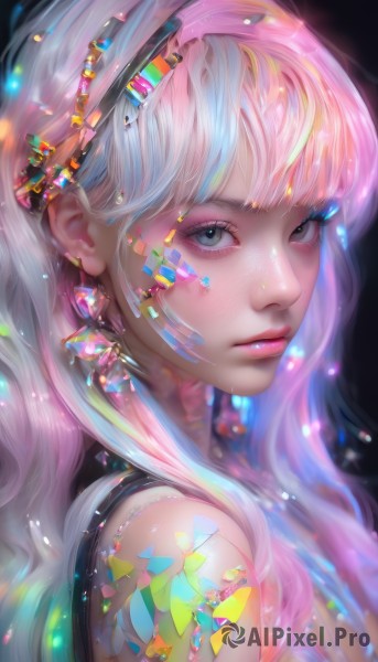 1girl,solo,long hair,looking at viewer,bangs,blue eyes,hair ornament,bare shoulders,jewelry,upper body,pink hair,white hair,multicolored hair,hairband,earrings,parted lips,from side,lips,grey eyes,eyelashes,tattoo,gradient hair,makeup,lipstick,gem,portrait,eyeshadow,freckles,pink lips,realistic,nose,colorful,mascara,rainbow hair,simple background,closed mouth,artist name,blunt bangs,sparkle,watermark,expressionless,black background,web address,light particles