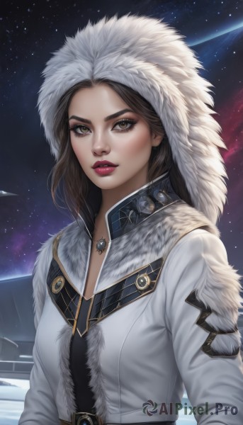 1girl,solo,long hair,breasts,looking at viewer,brown hair,brown eyes,jewelry,upper body,parted lips,sky,belt,hood,necklace,lips,coat,fur trim,makeup,lipstick,star (sky),snow,starry sky,realistic,nose,white coat,winter clothes,red lips,space,fur hat,winter coat,parka,long sleeves,jacket,artist name,signature,eyelashes,night,gem,pendant,eyeshadow,hood up,hooded coat,mascara,fur-trimmed hood