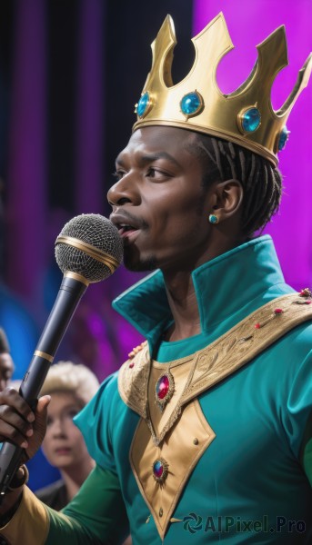 short hair,black hair,gloves,long sleeves,1boy,holding,jewelry,upper body,male focus,earrings,multiple boys,solo focus,puffy sleeves,dark skin,2boys,fingerless gloves,necklace,blurry,black eyes,lips,blurry background,facial hair,dark-skinned male,crown,juliet sleeves,gem,microphone,beard,high collar,realistic,nose,mustache,music,holding microphone,singing,microphone stand,very dark skin,blue gemstone,shirt,parted lips,green shirt,scepter