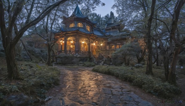 outdoors,sky,day,tree,no humans,night,grass,plant,building,nature,scenery,forest,lantern,stairs,road,architecture,house,east asian architecture,bare tree,path,window,night sky,fantasy