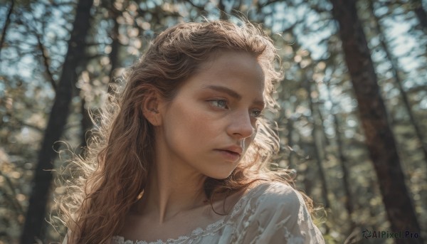 1girl, solo, long hair, blue eyes, blonde hair, closed mouth, collarbone, upper body, blurry, lips, looking to the side, blurry background, looking away, portrait, realistic