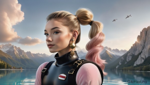 1girl,solo,long hair,looking at viewer,smile,blue eyes,blonde hair,jewelry,upper body,ponytail,pink hair,multicolored hair,earrings,outdoors,parted lips,sky,day,cloud,water,two-tone hair,blue sky,lips,bird,backpack,scenery,freckles,reflection,mountain,realistic,nose,river,lake