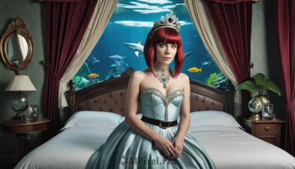 1girl,solo,breasts,short hair,bangs,dress,bare shoulders,jewelry,sitting,red hair,belt,indoors,blunt bangs,necklace,white dress,lips,pillow,window,strapless,bed,makeup,on bed,own hands together,tiara,crown,plant,curtains,strapless dress,fish,mirror,underwater,clock,lamp,bedroom,hands on lap,chest of drawers,aquarium,looking at viewer,blue eyes,cleavage,artist name,watermark,bob cut