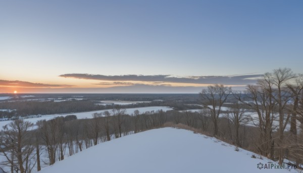 outdoors,sky,cloud,water,tree,blue sky,no humans,nature,scenery,snow,sunset,mountain,sun,horizon,winter,bare tree,evening,landscape,mountainous horizon,gradient sky,sunrise,day,ocean,forest,reflection,lake,shore