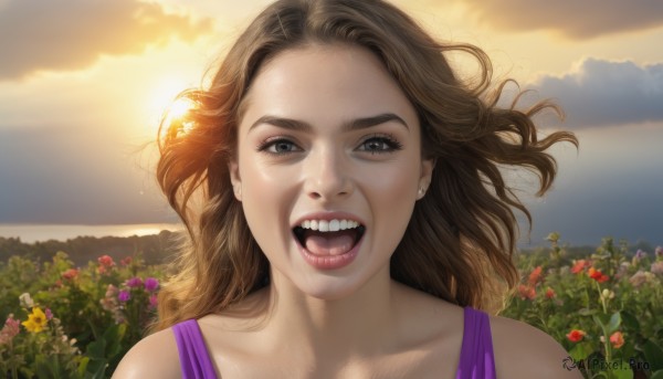 1girl,solo,long hair,looking at viewer,smile,open mouth,brown hair,bare shoulders,brown eyes,jewelry,upper body,flower,earrings,outdoors,sky,teeth,day,tongue,cloud,lips,sunlight,cloudy sky,portrait,realistic,nose,field,collarbone,tongue out,ocean,tank top,wind,sunset,sun