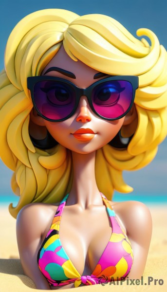 1girl,solo,long hair,breasts,looking at viewer,smile,blonde hair,cleavage,bare shoulders,medium breasts,closed mouth,collarbone,swimsuit,upper body,bikini,small breasts,outdoors,day,lips,makeup,ocean,beach,sunglasses,lipstick,front-tie top,multicolored clothes,tinted eyewear,multicolored bikini,purple-tinted eyewear,blue eyes,blurry,pink lips,nose,front-tie bikini top