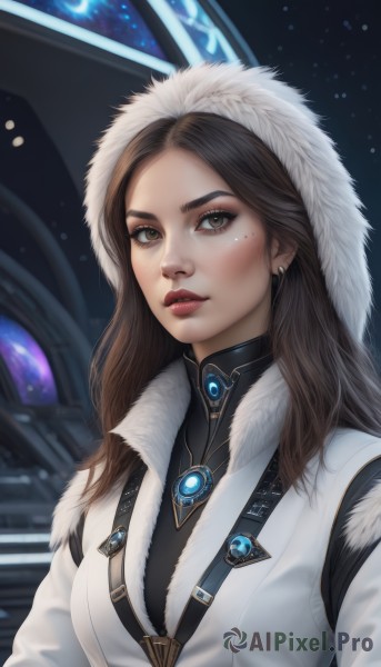 1girl,solo,long hair,breasts,looking at viewer,blush,brown hair,brown eyes,jewelry,upper body,earrings,parted lips,artist name,hood,mole,lips,coat,fur trim,mole under eye,makeup,moon,star (sky),eyeshadow,freckles,science fiction,realistic,nose,white coat,winter clothes,red lips,space,bangs,medium breasts,necklace,parted bangs,lipstick,brooch,gem,pendant,hood up,hooded coat,fur-trimmed hood,thick lips