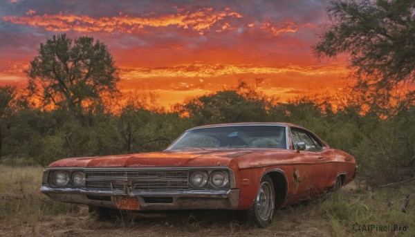 A motor vehicle captured beautifully in a inviting sunset outdoors