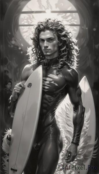 solo,long hair,looking at viewer,1boy,holding,closed mouth,standing,monochrome,greyscale,male focus,cowboy shot,multiple boys,wings,solo focus,artist name,signature,dark skin,lips,torn clothes,window,bodysuit,muscular,cameltoe,watermark,dark-skinned male,skin tight,web address,backlighting,curly hair,toned,bulge,realistic,nose,male swimwear,superhero,surfboard,wetsuit,behind back,jewelry,earrings,bracelet