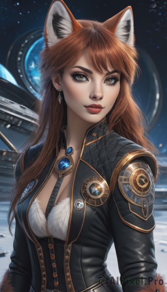 1girl,solo,long hair,breasts,looking at viewer,bangs,brown hair,long sleeves,animal ears,cleavage,brown eyes,jewelry,medium breasts,jacket,upper body,earrings,parted lips,lips,fur trim,fox ears,eyelashes,makeup,fox tail,lipstick,brooch,fox girl,gem,red lips,space,artist name,between breasts,realistic