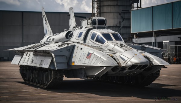 sky,cloud,military,no humans,shadow,ground vehicle,motor vehicle,science fiction,realistic,aircraft,cannon,military vehicle,watercraft,tank,vehicle focus,ship,radio antenna,outdoors,day,spacecraft