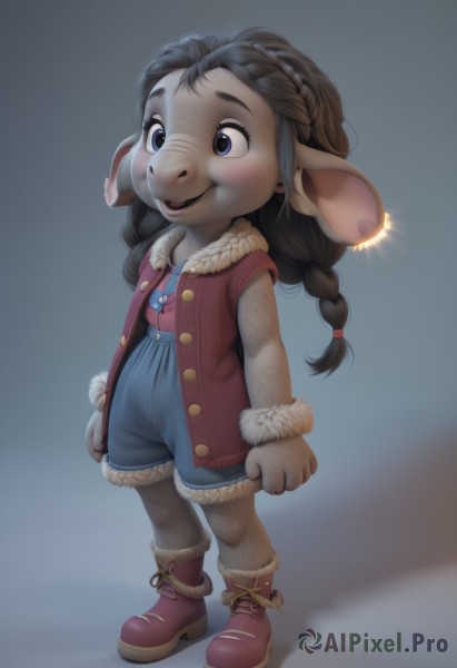 1girl,solo,long hair,smile,open mouth,blue eyes,brown hair,shirt,black hair,animal ears,twintails,jewelry,standing,full body,braid,earrings,boots,open clothes,shorts,black eyes,vest,twin braids,fur trim,child,furry,freckles,furry female,female child,overalls,fur-trimmed boots,blush,simple background,gloves,jacket,pantyhose,coat,red jacket,pink footwear