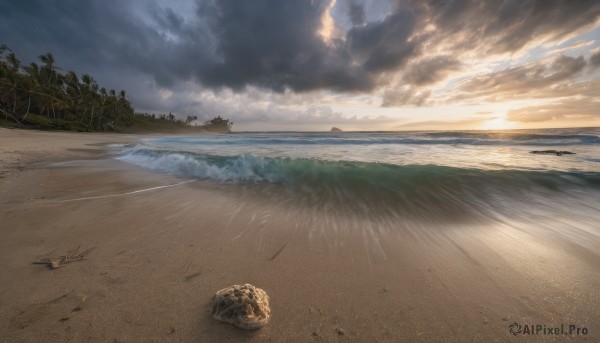 outdoors, sky, cloud, water, tree, no humans, ocean, beach, cloudy sky, nature, scenery, sunset, rock, sand, horizon, waves, shore