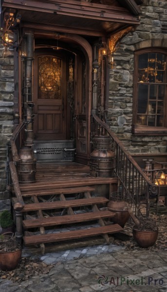 indoors,no humans,window,night,table,plant,building,scenery,lantern,wooden floor,stairs,door,railing,lamp,candle,architecture,brick wall,barrel,candlestand,stone floor,fireplace,crate,outdoors,fantasy,potted plant,pillar,arch,pavement,stone wall,stone stairs