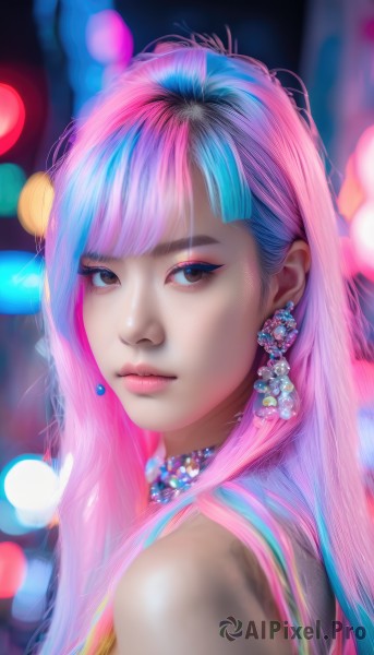 1girl,solo,long hair,looking at viewer,bangs,bare shoulders,brown eyes,jewelry,closed mouth,blue hair,upper body,pink hair,multicolored hair,earrings,necklace,blurry,two-tone hair,lips,makeup,depth of field,blurry background,portrait,eyeshadow,realistic,nose,choker,blunt bangs,from side,looking to the side,watermark,gem,mascara