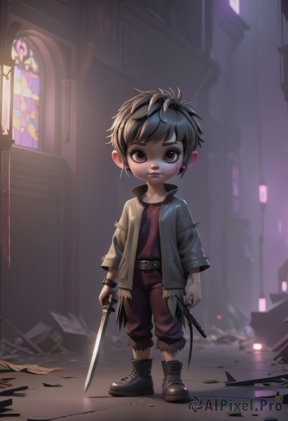 solo,looking at viewer,short hair,brown hair,shirt,black hair,1boy,holding,brown eyes,jewelry,standing,jacket,full body,weapon,male focus,boots,open clothes,belt,pants,sword,necklace,black footwear,holding weapon,torn clothes,holding sword,child,male child,stained glass,church,alley,1girl,closed mouth,earrings,mole,open jacket,mole under eye,window,katana,cross,red shirt,sheath,web address,brown pants,cross necklace,broken,torn pants,unsheathed,broken weapon