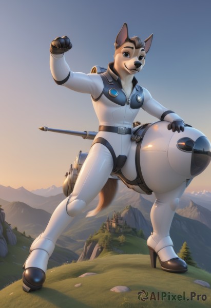 1girl,solo,looking at viewer,smile,black hair,gloves,1boy,animal ears,brown eyes,standing,tail,full body,weapon,male focus,outdoors,sky,belt,sword,signature,high heels,tree,gun,bodysuit,sheath,clenched hand,furry,sheathed,mountain,furry female,furry male,snout,sunrise,short hair,brown hair,closed mouth,boots,teeth,day,black gloves,artist name,hand up,black eyes,vest,arm up,two-tone hair,blue sky,cosplay,fox ears,dutch angle,fox tail,watermark,happy,helmet,grass,robot,mecha,web address,clenched hands,zipper,science fiction,pilot suit,body fur,white bodysuit,animal nose,blue bodysuit,mountainous horizon,brown fur,energy gun,orange sky,spacesuit,furrification