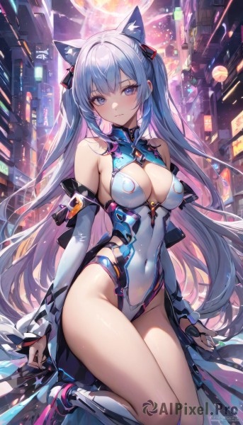 1girl,solo,long hair,breasts,looking at viewer,smile,bangs,blue eyes,large breasts,long sleeves,ribbon,animal ears,cleavage,bare shoulders,twintails,medium breasts,sitting,very long hair,closed mouth,blue hair,hair ribbon,sidelocks,thighs,boots,outdoors,detached sleeves,virtual youtuber,cat ears,high heels,leotard,two side up,groin,animal ear fluff,clothing cutout,kneeling,covered navel,night,highleg,moon,cleavage cutout,cat girl,building,revealing clothes,skin tight,extra ears,full moon,highleg leotard,city,white leotard,blush,standing,purple eyes,white hair,parted lips,impossible clothes,cityscape,armpit crease,cyberpunk,neon lights