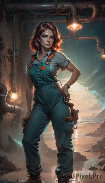 1girl,solo,breasts,looking at viewer,short hair,blue eyes,brown hair,shirt,jewelry,medium breasts,standing,collarbone,full body,weapon,short sleeves,boots,parted lips,sky,shoes,collared shirt,pants,artist name,cloud,signature,medium hair,bracelet,lips,hand on hip,gun,glowing,watermark,brown footwear,blue shirt,web address,handgun,cross-laced footwear,smoke,backlighting,freckles,science fiction,contrapposto,pocket,watch,rock,realistic,nose,wristwatch,light,overalls,cable,holster,dirty,wrench,flashlight,holding,white shirt,red hair,outdoors,water,mole,t-shirt,legs apart,light bulb