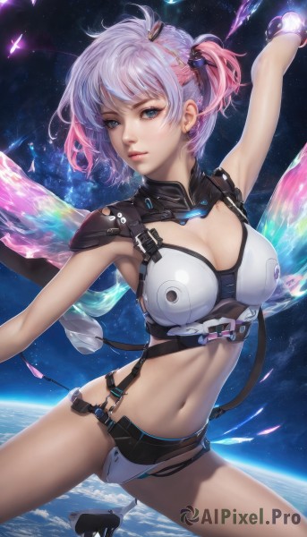 1girl,solo,breasts,looking at viewer,smile,short hair,bangs,blue eyes,large breasts,hair ornament,navel,cleavage,jewelry,medium breasts,closed mouth,swimsuit,pink hair,purple hair,bikini,multicolored hair,earrings,parted lips,wings,midriff,armpits,stomach,armor,arm up,two-tone hair,lips,clothing cutout,gradient hair,cleavage cutout,star (sky),science fiction,realistic,nose,space,bikini armor,planet,braid,artist name,side ponytail,white bikini,light purple hair,starry sky,fairy wings,earth (planet),energy wings,glowing wings