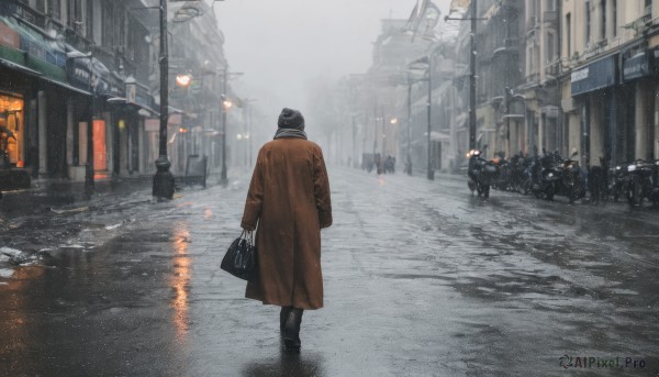 gloves,long sleeves,1boy,hat,holding,standing,male focus,outdoors,multiple boys,solo focus,bag,from behind,black footwear,coat,helmet,ground vehicle,building,scenery,motor vehicle,reflection,walking,rain,city,car,road,holding bag,multiple others,brown coat,lamppost,street,trench coat,ambiguous gender,puddle,grey sky,people,boots,hood,snow,hood up,snowing,sign,cityscape,winter,shopping bag,raincoat,town,pavement