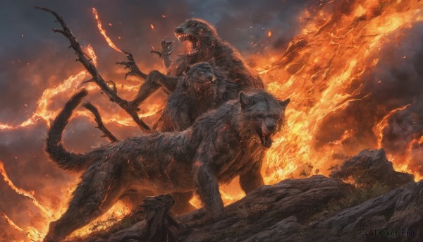 A peaceful image of a monster in fiery outdoors