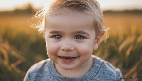 1girl,solo,looking at viewer,smile,short hair,open mouth,blue eyes,blonde hair,1boy,upper body,male focus,teeth,blurry,sweater,lips,grey eyes,blurry background,child,portrait,realistic,pointy ears,parody,meme,nose