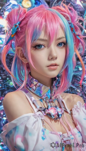 1girl,solo,breasts,looking at viewer,bangs,blue eyes,hair ornament,bare shoulders,jewelry,blue hair,upper body,pink hair,multicolored hair,earrings,parted lips,necklace,hair bun,two-tone hair,lips,streaked hair,eyelashes,double bun,makeup,realistic,nose,short hair,hair between eyes,detached collar,watermark,science fiction