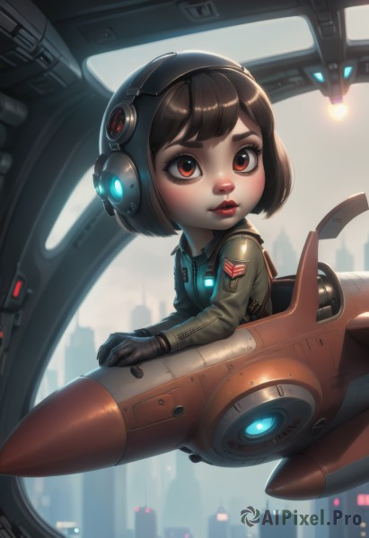 1girl,solo,looking at viewer,short hair,bangs,brown hair,black hair,red eyes,gloves,long sleeves,brown eyes,jacket,parted lips,black gloves,artist name,signature,blurry,uniform,lips,military,makeup,headphones,watermark,bob cut,lipstick,building,flying,city,aircraft,red lips,airplane,pilot suit,spacecraft,jet,cockpit,fighter jet,pilot,blush,eyelashes,military uniform,headset,science fiction,nose