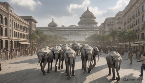 outdoors,multiple boys,sky,day,pants,cloud,tree,shadow,animal,building,scenery,6+boys,palm tree,horse,statue,crowd,people,cow,6+others,blue sky,no humans,sunlight,cloudy sky,walking,city,road,architecture,street,pavement,crosswalk