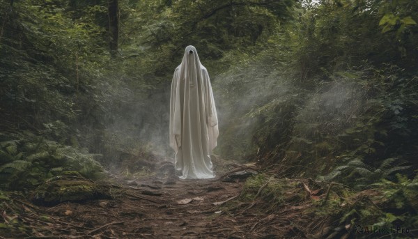 1girl,solo,long hair,long sleeves,very long hair,standing,white hair,outdoors,tree,leaf,sunlight,plant,nature,scenery,forest,robe,arms at sides,fog,white robe,dress,no humans,cloak,1other