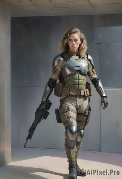 1girl,solo,long hair,looking at viewer,blue eyes,blonde hair,brown hair,gloves,holding,brown eyes,full body,weapon,boots,belt,signature,fingerless gloves,holding weapon,armor,lips,gun,military,holding gun,rifle,walking,science fiction,pouch,breastplate,realistic,assault rifle,holster,knee pads,trigger discipline,hallway,load bearing vest,body armor,standing,parted lips,bodysuit,bullpup