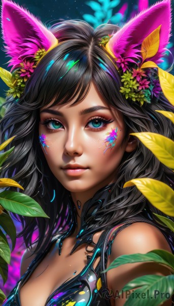 1girl,solo,long hair,breasts,looking at viewer,bangs,blue eyes,black hair,hair ornament,animal ears,cleavage,bare shoulders,medium breasts,closed mouth,green eyes,upper body,flower,shiny,artist name,cat ears,hair flower,blurry,aqua eyes,lips,fox ears,eyelashes,makeup,swept bangs,leaf,watermark,facial mark,plant,lipstick,portrait,web address,eyeshadow,pink lips,realistic,nose,eyeliner,facepaint,mascara,sleeveless,bra,mole,depth of field,light particles,close-up,colorful