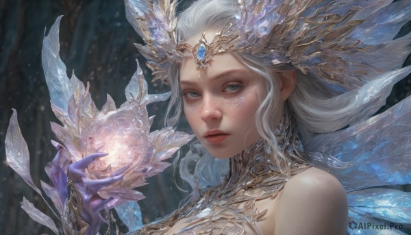 1girl,solo,long hair,looking at viewer,blue eyes,hair ornament,gloves,holding,bare shoulders,jewelry,upper body,white hair,parted lips,wings,artist name,mole,blurry,lips,grey eyes,eyelashes,blurry background,gem,portrait,nature,mole under mouth,ice,circlet,crystal,realistic,headpiece,nose,purple gloves,closed mouth,hand up,expressionless,tiara,crown,close-up,freckles