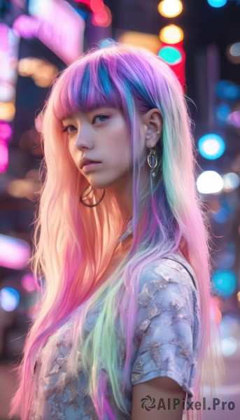 1girl,solo,long hair,looking at viewer,bangs,shirt,jewelry,blue hair,upper body,pink hair,purple hair,short sleeves,multicolored hair,earrings,blurry,from side,two-tone hair,lips,makeup,depth of field,blurry background,blue shirt,hoop earrings,realistic,nose,bokeh,blue eyes,closed mouth,parted lips,artist name,blunt bangs,necklace,eyelashes,gradient hair,watermark,lipstick,web address