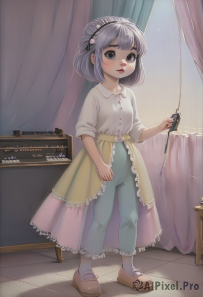 1girl,solo,looking at viewer,blush,short hair,bangs,skirt,shirt,hair ornament,holding,brown eyes,standing,collarbone,full body,white shirt,grey hair,hairband,frills,parted lips,shoes,socks,collared shirt,pants,indoors,black eyes,grey eyes,makeup,brown footwear,curtains,instrument,child,mary janes,jeans,blue pants,female child,yellow skirt,piano,bow (music),grand piano,hair bun,lips,loli,window