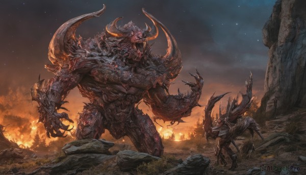 A monster showcased in a bold fiery outdoors