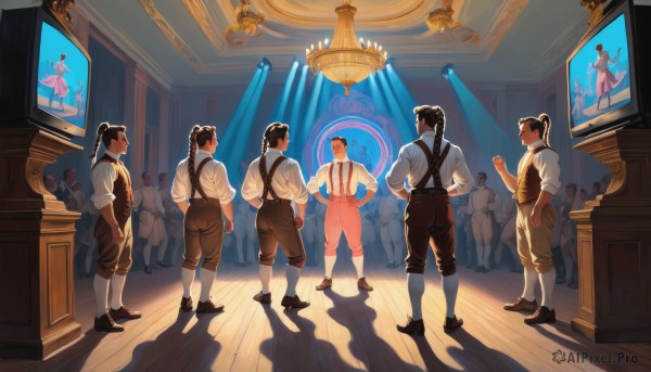 long hair,short hair,brown hair,shirt,black hair,standing,full body,white shirt,ponytail,male focus,multiple boys,necktie,shoes,shorts,socks,collared shirt,pants,indoors,from behind,looking at another,vest,hand on hip,muscular,shadow,facial hair,suspenders,muscular male,sleeves rolled up,walking,6+boys,hands on hips,hand in pocket,light,brown pants,television,crowd,stage,chandelier,looking at viewer,ass,black footwear,curtains,brothers,picture frame,painting (object),carpet,portrait (object)