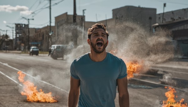 solo,short hair,open mouth,brown hair,shirt,1boy,closed eyes,upper body,short sleeves,male focus,outdoors,sky,teeth,day,cloud,dark skin,blurry,blurry background,facial hair,dark-skinned male,fire,blue shirt,ground vehicle,t-shirt,building,facing viewer,motor vehicle,beard,smoke,city,realistic,car,road,explosion,street,photo background,burning,truck,parody,meme,screaming,grey sky,destruction