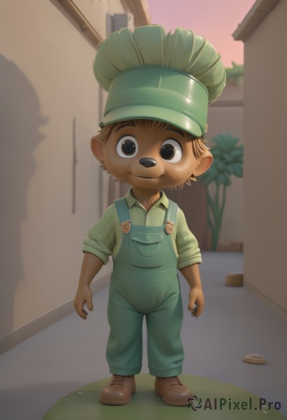 solo,looking at viewer,smile,short hair,blonde hair,brown hair,shirt,1boy,hat,animal ears,brown eyes,closed mouth,standing,full body,male focus,outdoors,collared shirt,black eyes,plant,child,furry,green headwear,green shirt,potted plant,overalls,furry male,male child,shoes,artist name,buttons,shadow,brown footwear,sleeves rolled up,brown fur