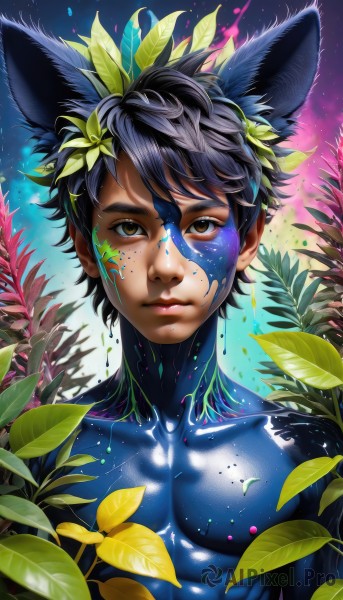 solo,looking at viewer,short hair,black hair,hair ornament,1boy,animal ears,brown eyes,closed mouth,collarbone,upper body,male focus,artist name,lips,fox ears,leaf,plant,portrait,freckles,topless male,nose,paint splatter,glowing,star (sky),extra ears,realistic,facepaint,bodypaint,paint