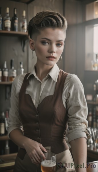 1girl,solo,looking at viewer,short hair,blue eyes,brown hair,shirt,black hair,holding,jewelry,standing,white shirt,multicolored hair,earrings,striped,collared shirt,pants,indoors,blurry,vest,cup,lips,grey eyes,dress shirt,buttons,depth of field,blurry background,bottle,holding cup,vertical stripes,alcohol,sleeves rolled up,drinking glass,striped shirt,realistic,nose,drink,glass,brown vest,pinstripe pattern,bar (place),counter,bartender,closed mouth,upper body,nail polish,apron,fingernails,makeup,lipstick,black nails,ice,red lips,undercut,sleeves pushed up