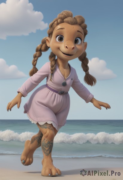 1girl,solo,long hair,looking at viewer,smile,open mouth,brown hair,long sleeves,dress,twintails,brown eyes,standing,full body,braid,outdoors,sky,barefoot,day,belt,artist name,cloud,dark skin,water,necklace,twin braids,flat chest,dark-skinned female,blue sky,tattoo,toes,ocean,beach,standing on one leg,child,pink dress,claws,furry,freckles,walking,toenails,sand,furry female,horizon,female child,leg tattoo,breasts,collarbone,small breasts,teeth,cloudy sky,purple dress,running,waves,dirty feet