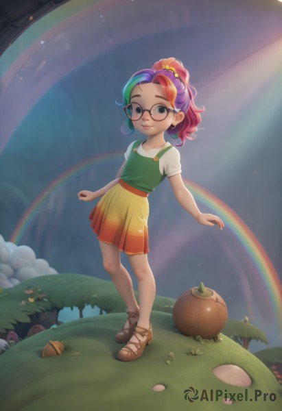 1girl,solo,long hair,looking at viewer,smile,blue eyes,skirt,shirt,hair ornament,jewelry,closed mouth,standing,full body,white shirt,ponytail,pink hair,purple hair,short sleeves,multicolored hair,pleated skirt,earrings,outdoors,green hair,sky,shoes,glasses,artist name,black eyes,two-tone hair,tree,streaked hair,brown footwear,sandals,scrunchie,grass,aged down,child,personification,freckles,black-framed eyewear,round eyewear,female child,mushroom,orange skirt,rainbow,rainbow hair,short hair,green eyes,blue hair,flower,lips,hair scrunchie,green shirt