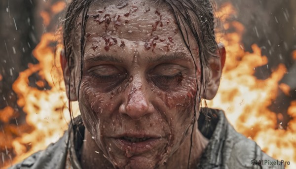 1girl,solo,black hair,1boy,closed mouth,closed eyes,male focus,parted lips,blurry,lips,wet,blood,blurry background,scar,fire,portrait,facing viewer,scar on face,rain,realistic,explosion,old,burning,looking at viewer,short hair,open mouth,teeth,black eyes,facial hair,close-up