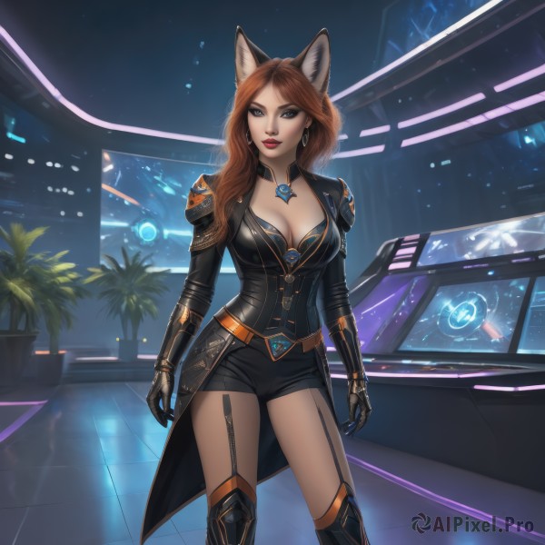 1girl,solo,long hair,breasts,looking at viewer,large breasts,brown hair,thighhighs,gloves,animal ears,cleavage,brown eyes,jewelry,medium breasts,standing,earrings,boots,shorts,choker,belt,indoors,cat ears,necklace,armor,lips,fox ears,short shorts,makeup,wavy hair,garter straps,black shorts,plant,lipstick,gauntlets,science fiction,tiles,red lips,potted plant,smile,bangs,blue eyes,long sleeves,closed mouth,black gloves,artist name,black thighhighs,signature,mole,coat,parted bangs,grey eyes,thigh boots,fox girl,pendant,contrapposto,realistic