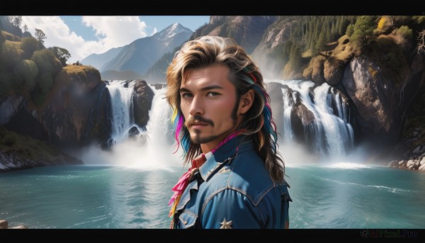 solo,long hair,looking at viewer,blue eyes,blonde hair,brown hair,1boy,brown eyes,jacket,upper body,braid,male focus,multicolored hair,outdoors,sky,day,cloud,dark skin,water,from side,two-tone hair,tree,lips,streaked hair,looking to the side,facial hair,dark-skinned male,letterboxed,blue jacket,scenery,beard,rock,mountain,realistic,nose,waterfall,cliff,ribbon,ocean