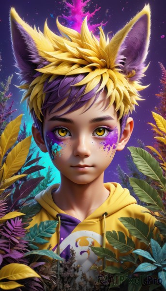 solo,looking at viewer,short hair,bangs,blonde hair,shirt,1boy,animal ears,closed mouth,yellow eyes,upper body,purple hair,male focus,multicolored hair,outdoors,sky,artist name,signature,hood,two-tone hair,tree,lips,fox ears,eyelashes,hoodie,night,leaf,facial mark,hood down,plant,portrait,star (sky),extra ears,nose,drawstring,male child,paint splatter,fox boy,yellow hoodie,night sky,starry sky,freckles,paint