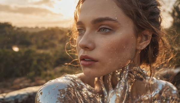 1girl,solo,long hair,blue eyes,brown hair,jewelry,earrings,outdoors,parted lips,sky,water,blurry,lips,wet,looking to the side,grey eyes,depth of field,blurry background,looking away,portrait,freckles,realistic,nose,brown eyes,sweat,teeth,day,sunlight,wind,close-up,forehead,looking afar