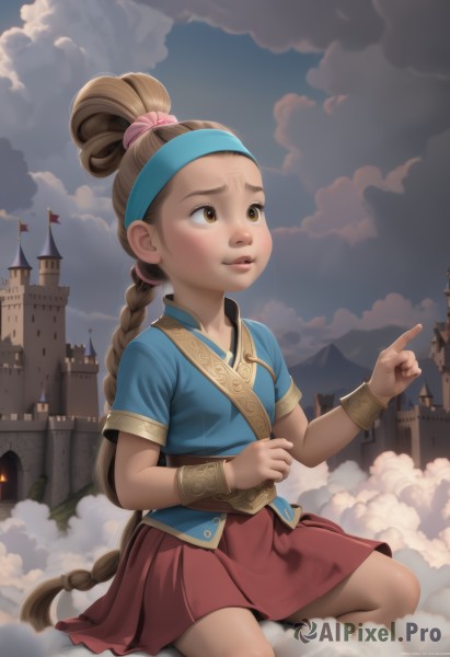 1girl,solo,long hair,blush,skirt,brown hair,brown eyes,jewelry,sitting,very long hair,braid,short sleeves,hairband,outdoors,parted lips,sky,artist name,cloud,bracelet,lips,single braid,headband,red skirt,watermark,cloudy sky,blue shirt,pointing,building,child,smoke,freckles,female child,castle,hair ornament,signature,scrunchie,nose